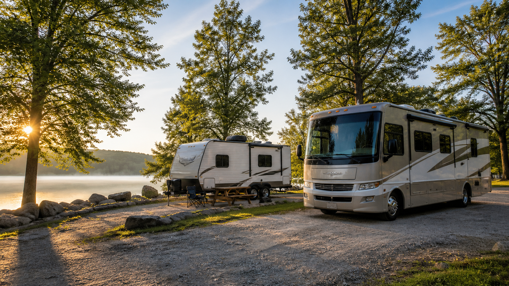 Recreational vehicles at a peaceful lakeside campground